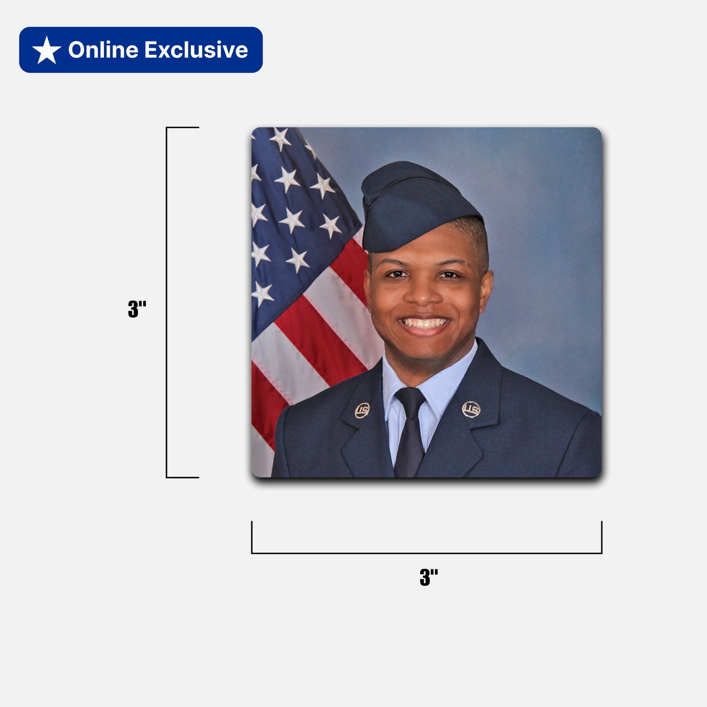Magnet with an Airman posing next to an American flag, with dimensions indicated.