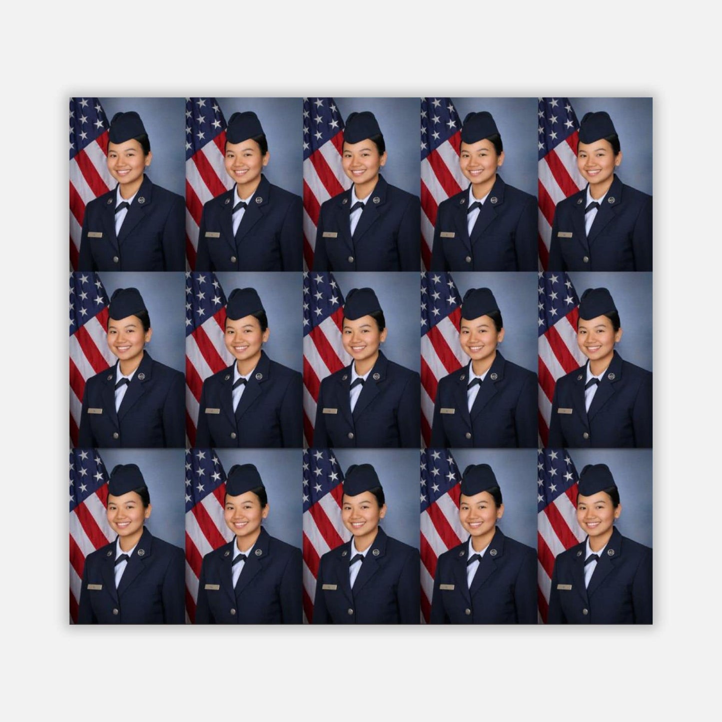 A collection of 15 wallet-sized portrait prints featuring an Airman in uniform, with the United States flag in the background.