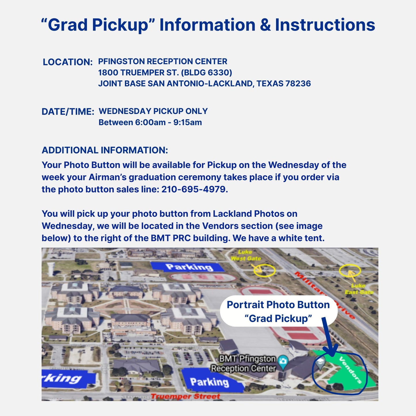Informational flyer for 'Grad Pickup' event at PFINGSTON RECEPTION CENTER with location details and map.