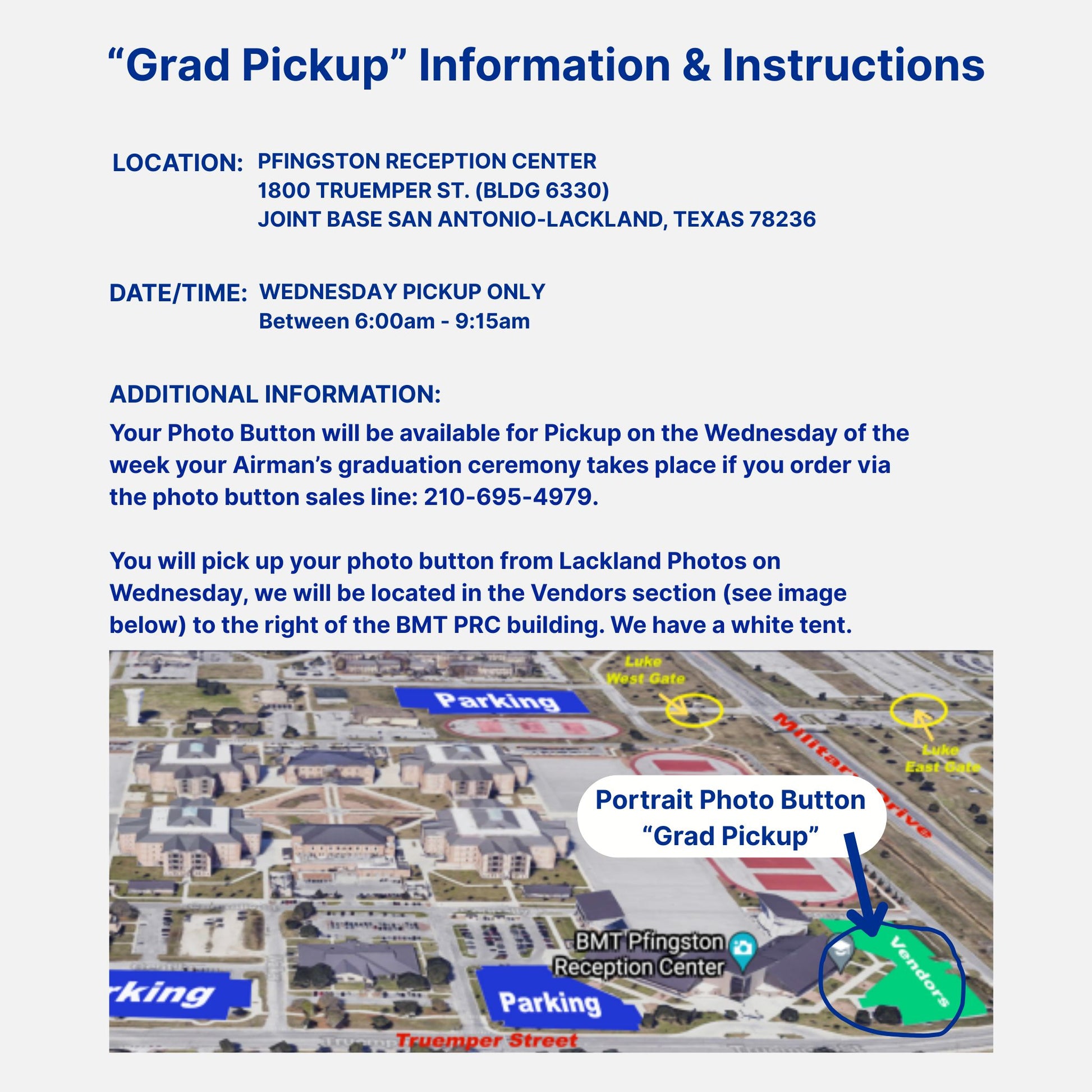 Informational flyer for 'Grad Pickup' event at PFINGSTON RECEPTION CENTER with location details and map.