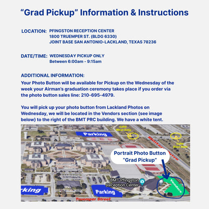Informational flyer for 'Grad Pickup' event at PFINGSTON RECEPTION CENTER with location details and map.