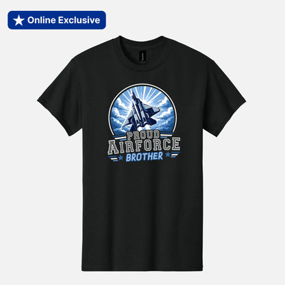 A black short-sleeve crewneck t-shirt with a circular graphic on the chest featuring a fighter jet and the text 'PROUD AIRFORCE BROTHER'. A blue 'Online Exclusive' banner is in the top-left corner.