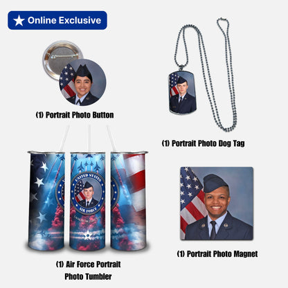 Collection of personalized military-themed products including a button, dog tag, tumbler, and magnet with a portrait photo.