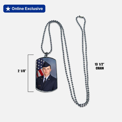 Dog tag necklace with a photo of a Airman in uniform and an American flag on a white background with sizing included.