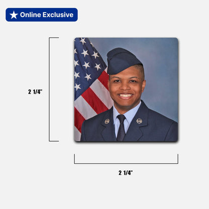 Magnet with an Airman posing next to an American flag, with dimensions indicated.