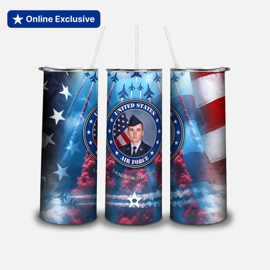One tumbler cup showing the full design across three cups with U.S. Air Force design featuring an American flag and star.