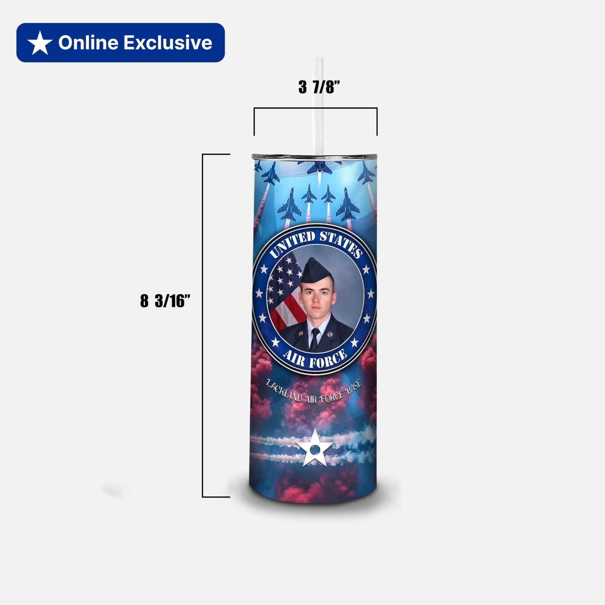 Tumbler with US Air Force design and measurements on a white background