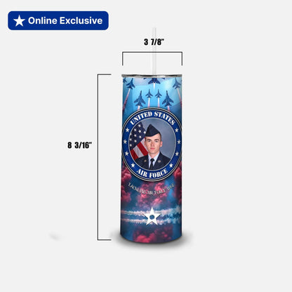 Tumbler with US Air Force design and measurements on a white background