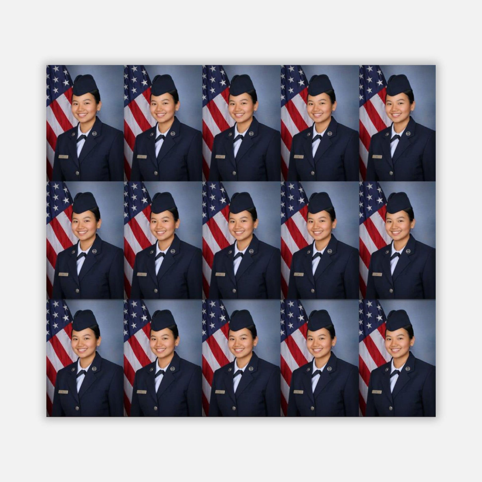 A collection of 15 wallet-sized portrait prints featuring an Airman in uniform, with the United States flag in the background.