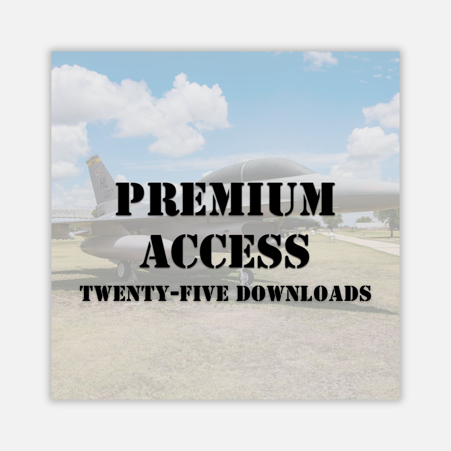 Small airplane on a runway with 'Premium Access Twenty-Five Downloads' text overlay.