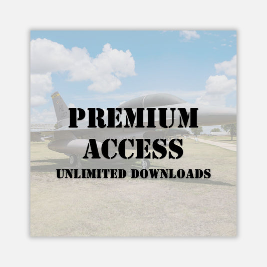 Small airplane on a runway with 'Premium Access Unlimited Downloads' text overlay.