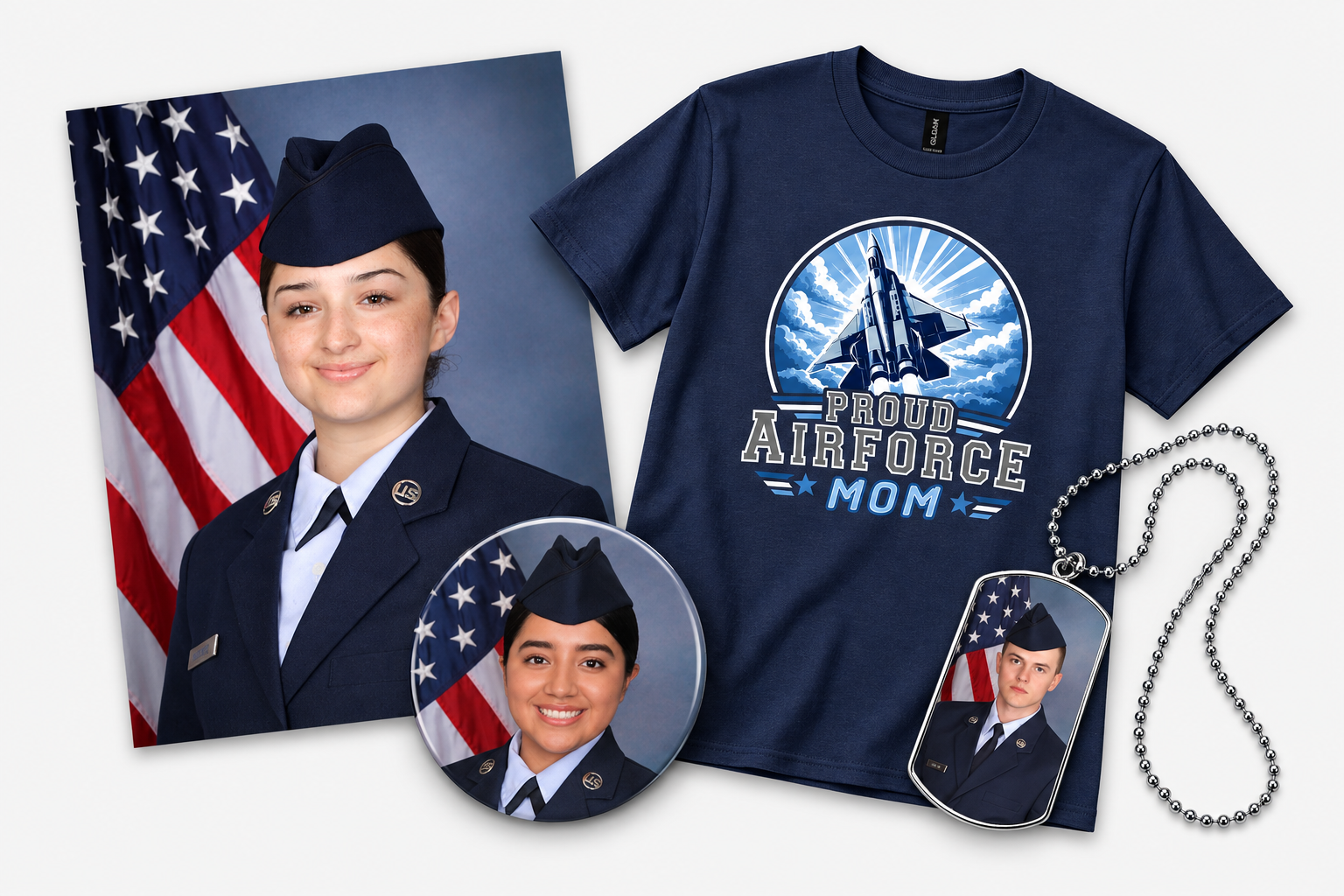 BMT portrait print, Proud Air Force Mom shirt, portrait button, and portrait dog tag